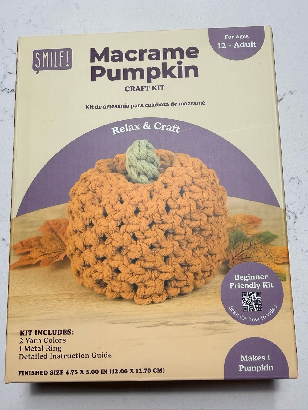 New SMILE! MACRAME Pumpkin Craft Kit 6" x 6" Orange Pumpkin For Beginners
